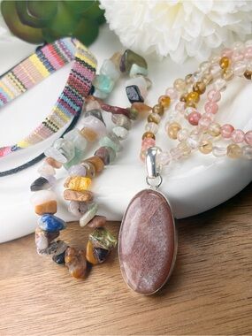 Peach Moonstone Pendant Pure Sterling Silver 925 Set Mixed Gem Chain Bracelets